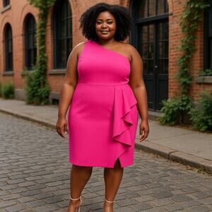 Eliza J Plus Pink Ruffle One-Shoulder Sheath Dress 22W Scuba Fabric